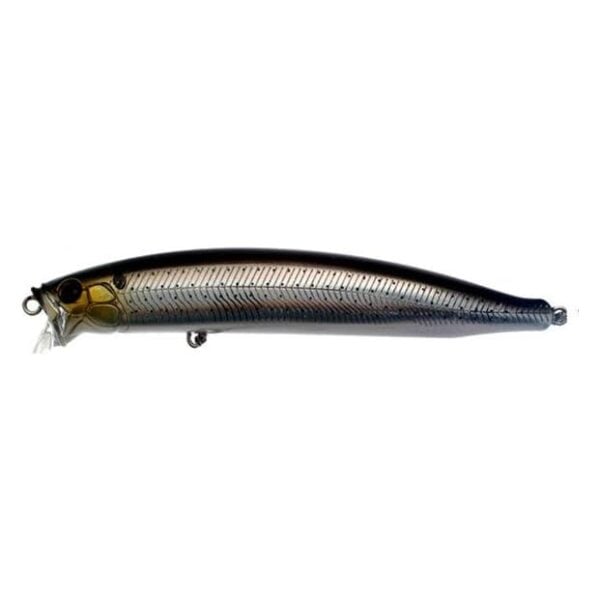 Silver fishing lure with realistic fish design.