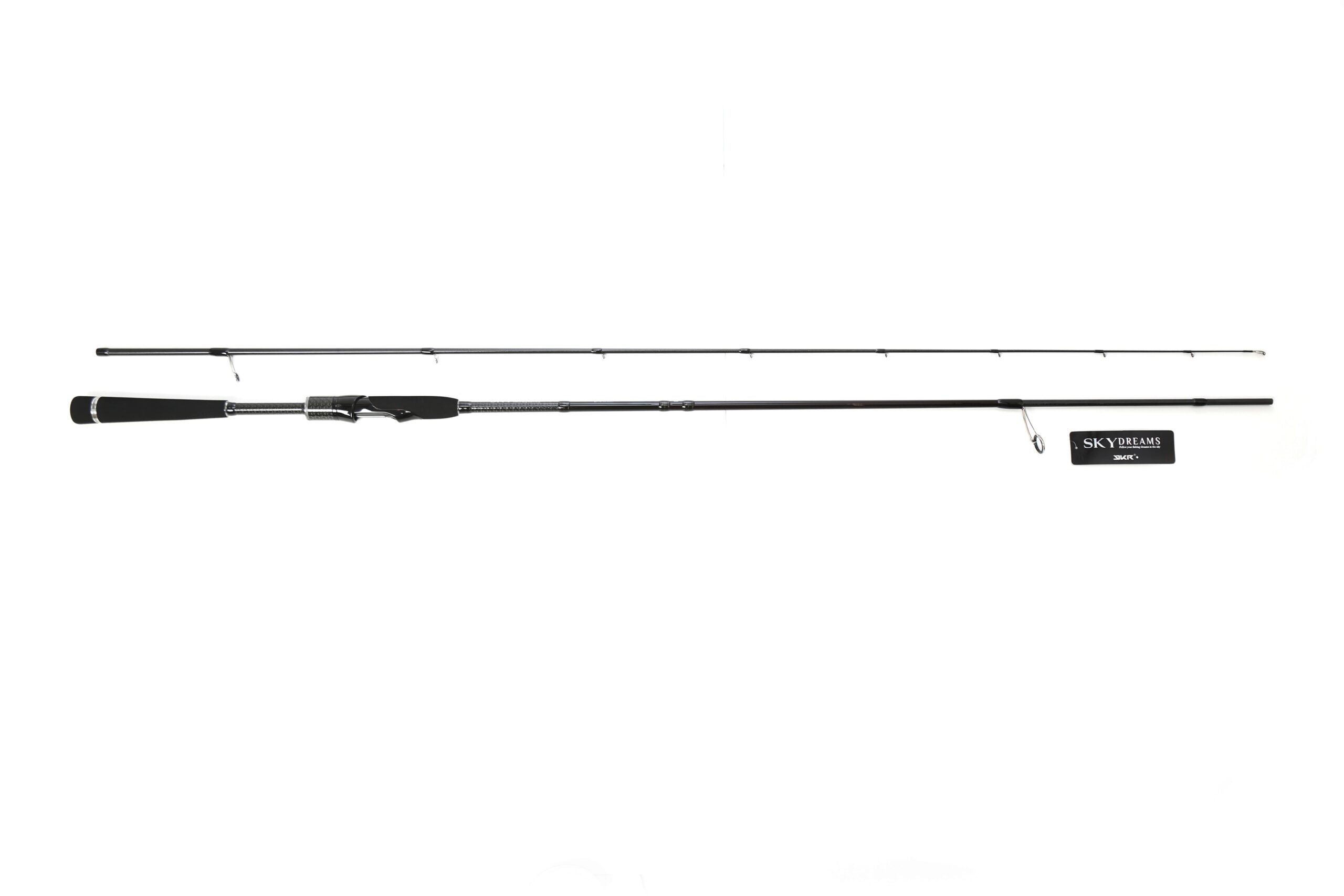 Fishing rod on white background, two-piece design.