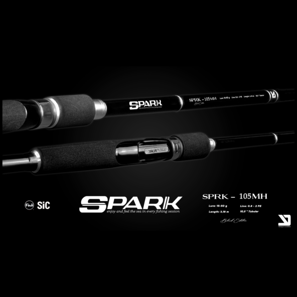 SPARK fishing rod with specifications on black background.