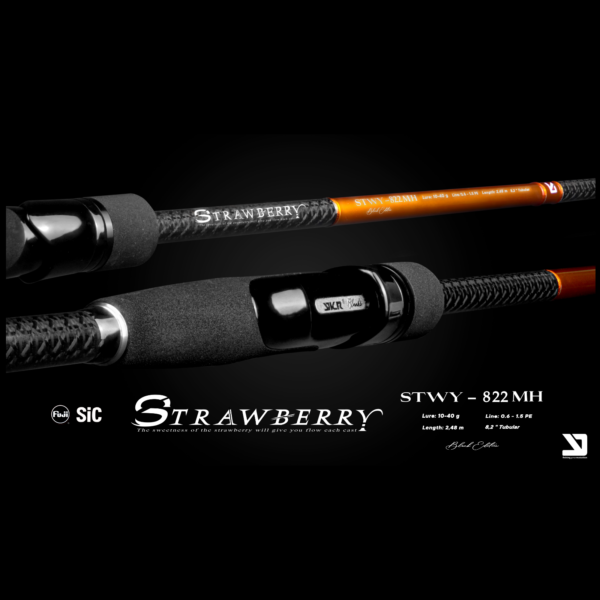 Strawberry fishing rod with specifications and design details.