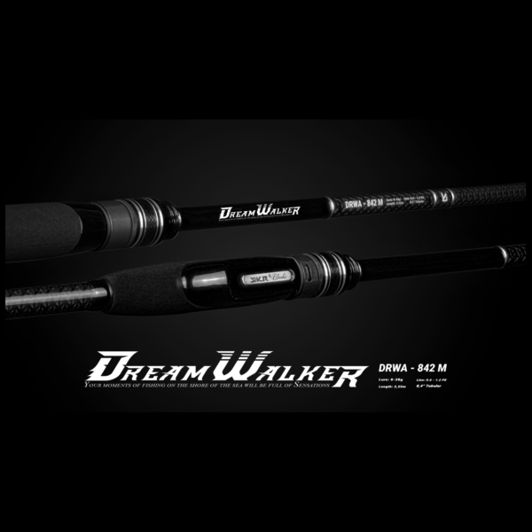 DreamWalker fishing rod with specifications black background.