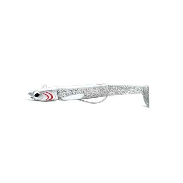 Silver fishing lure with red markings and hook