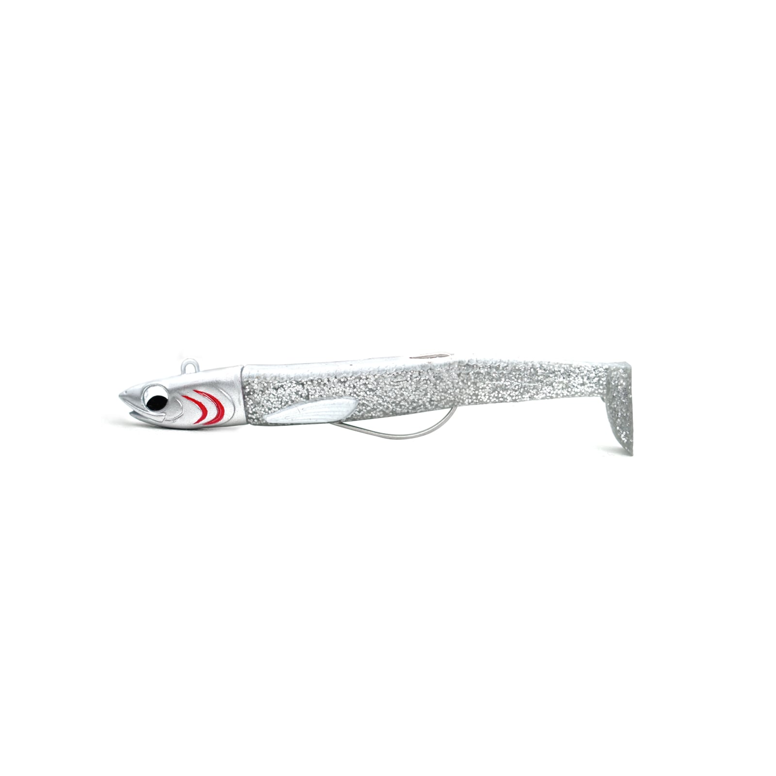 Silver fishing lure with red markings and hook