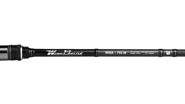 Fishing rod with specifications and brand name visible.