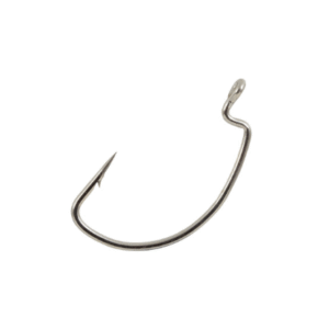 Metal fishing hook with sharp point and eyelet.