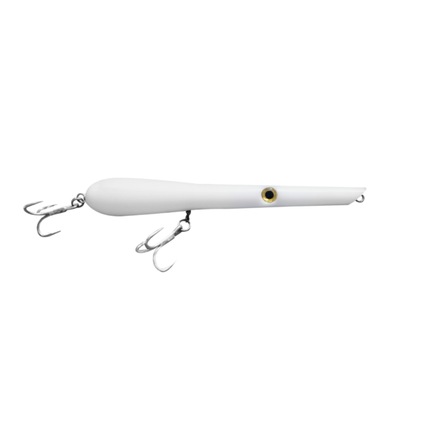 White fishing lure with treble hooks