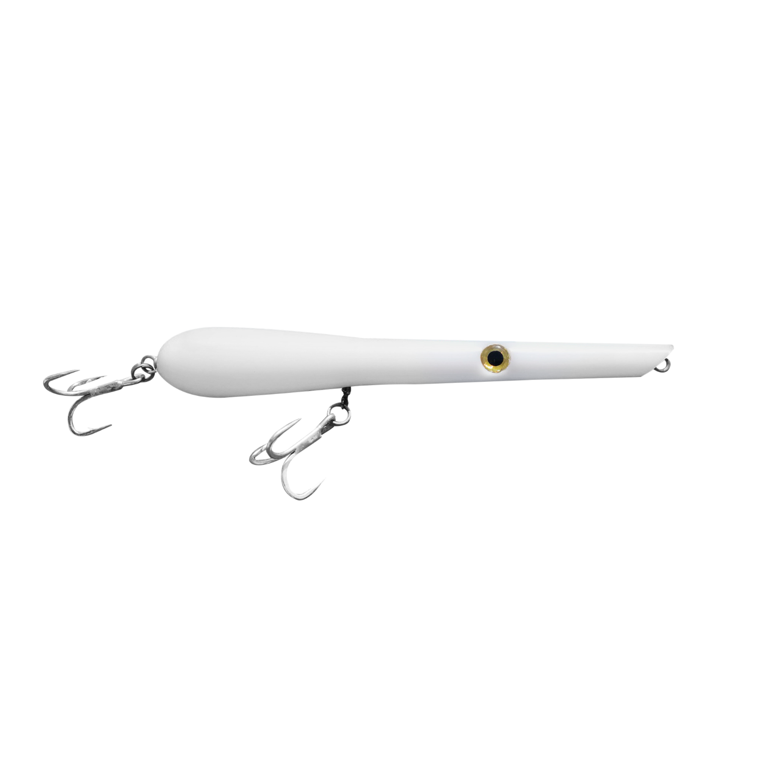 White fishing lure with treble hooks