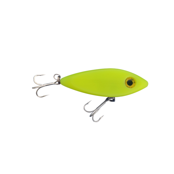 Yellow fishing lure with hooks on white background.