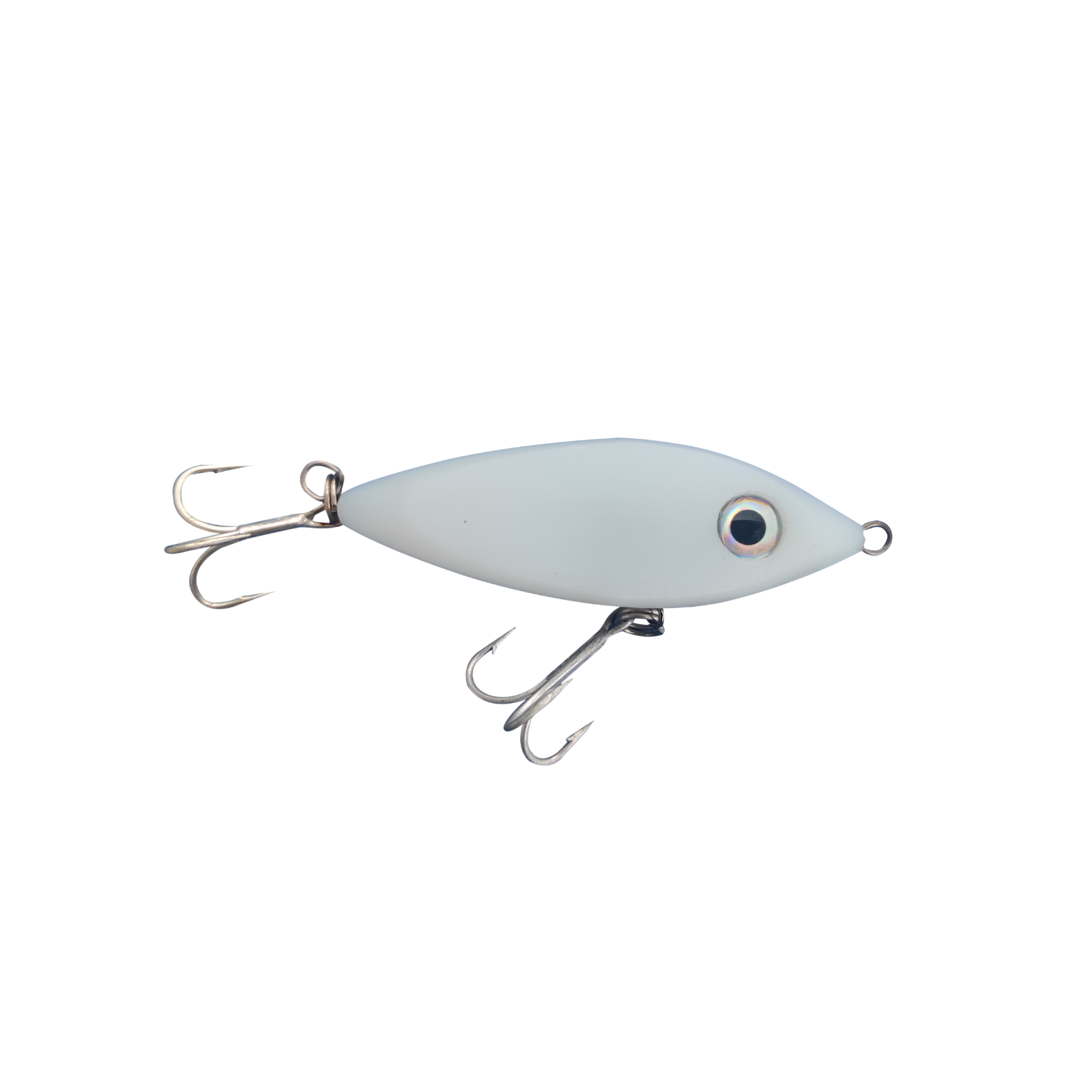 White fishing lure with two treble hooks.