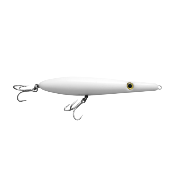 White fishing lure with metal treble hooks.