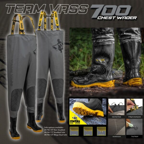 Vass 700 chest waders with reinforced knee protection.