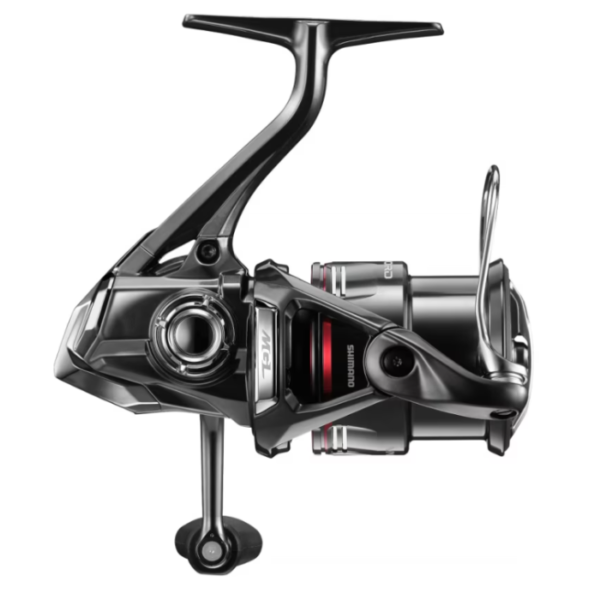 High-performance black and silver fishing reel.