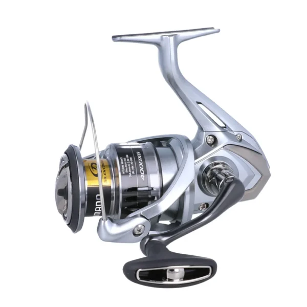 Silver fishing reel, side view with handle.
