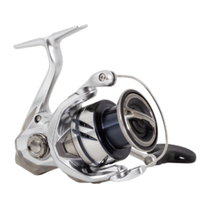 Silver fishing reel on white background
