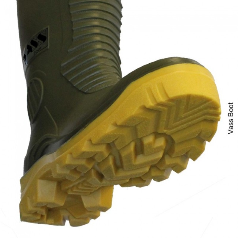 Green boot with yellow treaded sole.