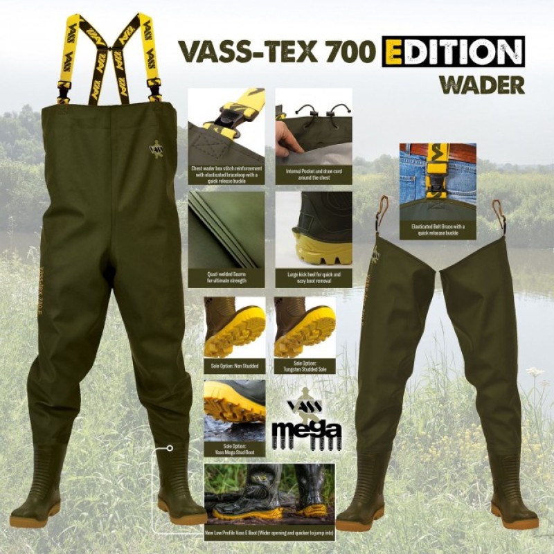 Vass-Tex 700 Edition fishing waders with features overview.