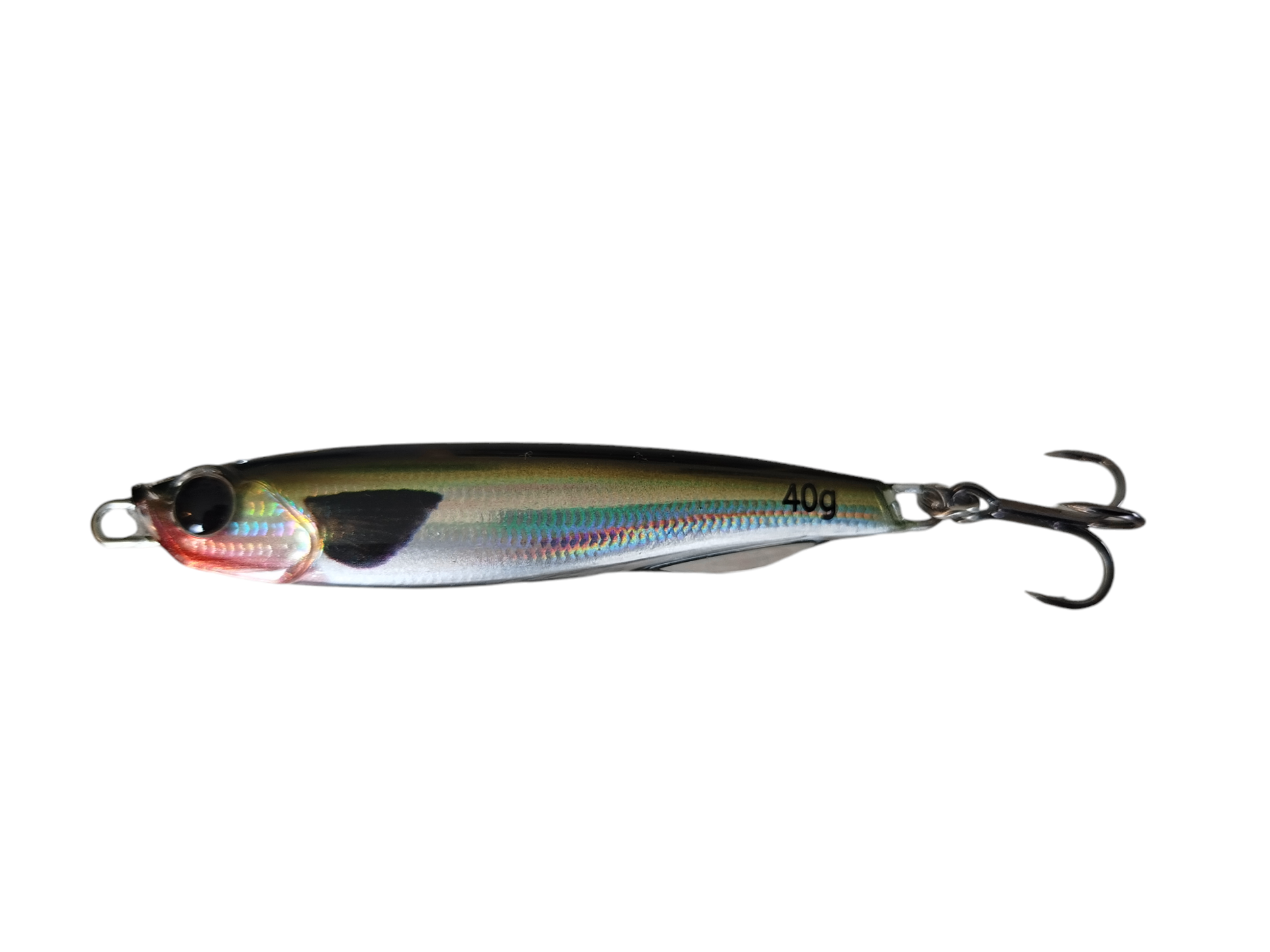 Silver shiny fishing lure with treble hook.
