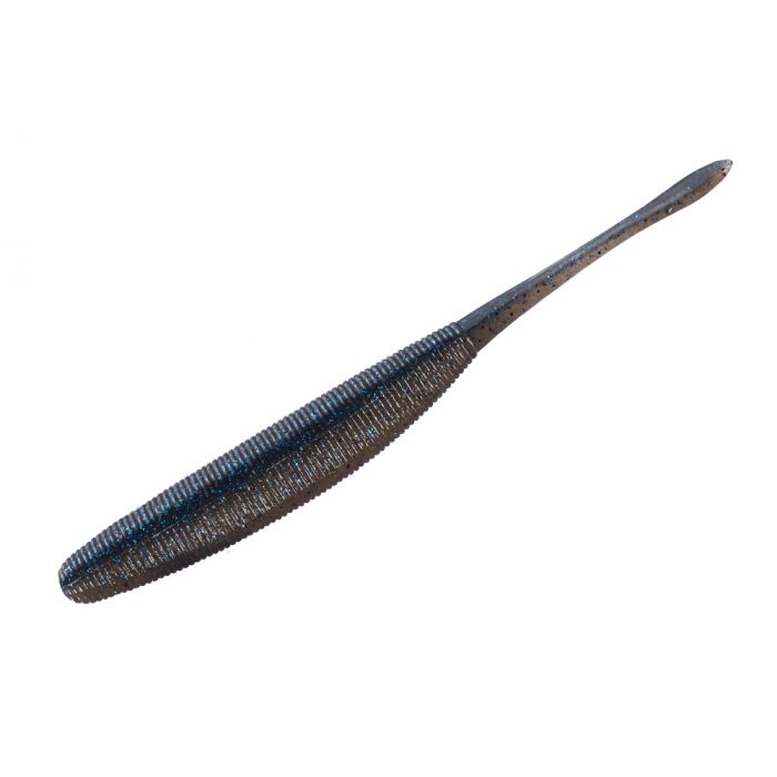 Black soft plastic fishing lure with blue specks.