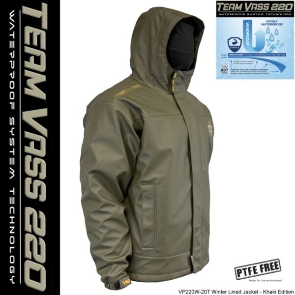 Khaki waterproof winter jacket with hood and logo.