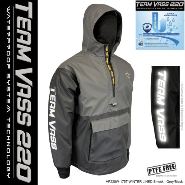 Team Vass waterproof smock with reflective logos.