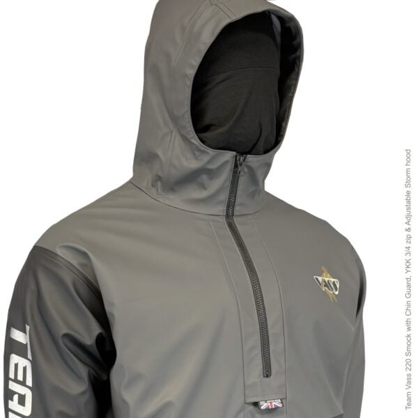 Grey waterproof jacket with hood and logo.