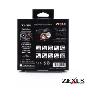 Zexus ZX-195 LED headlamp packaging with specifications.