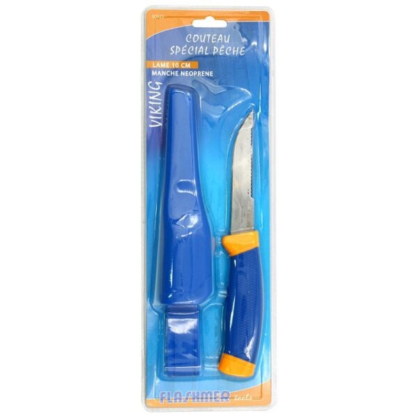 Fishing knife with blue sheath and orange handle