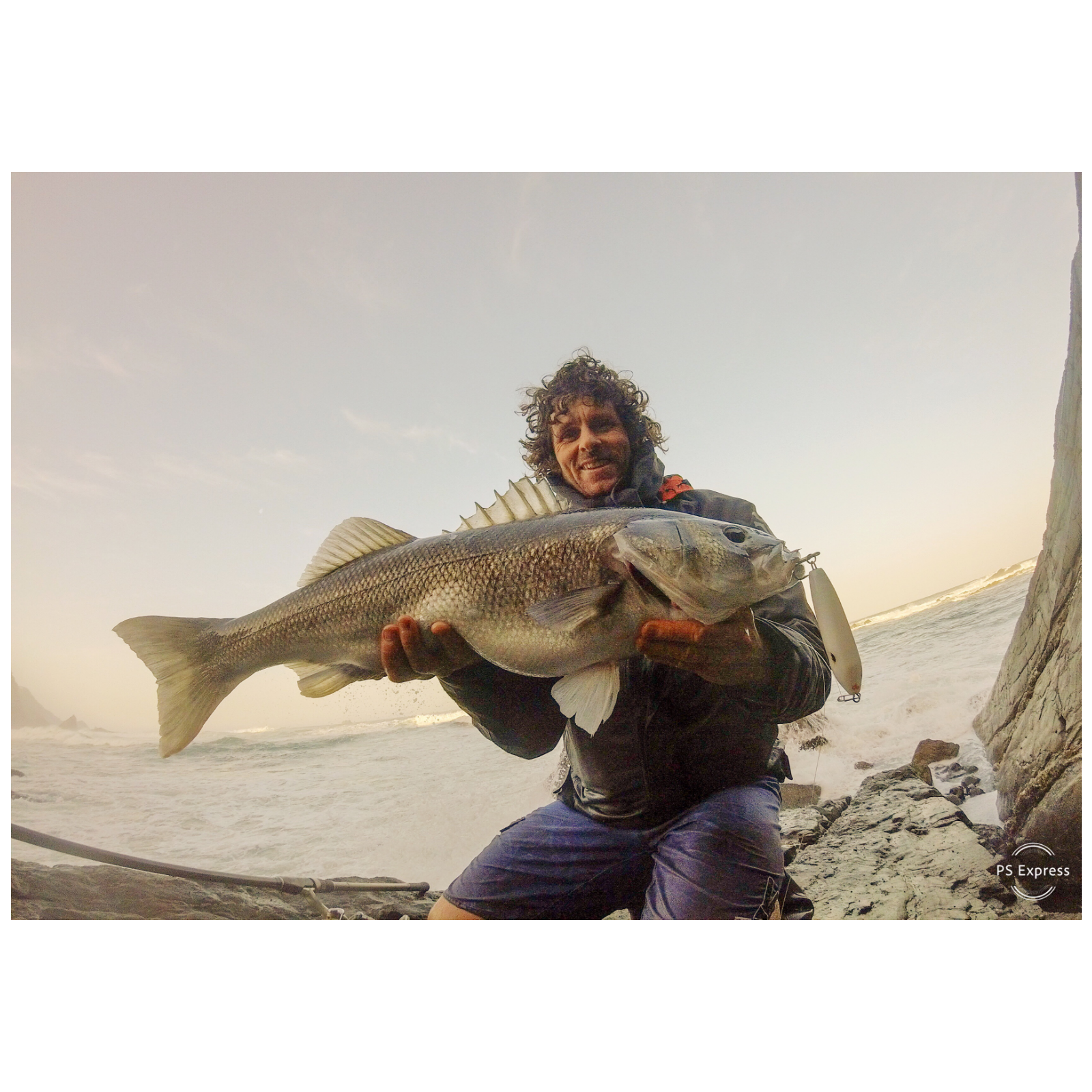 Person holding large fish on rocky shore
