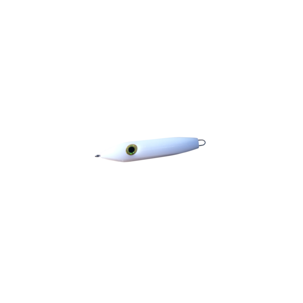 White fishing lure with eye detail.