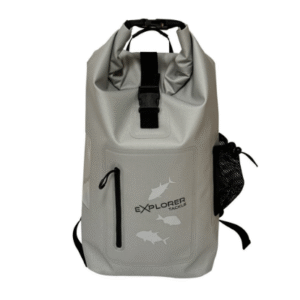 Grey waterproof backpack with tackle logo and fish design.