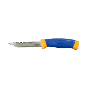Serrated knife with blue and orange handle