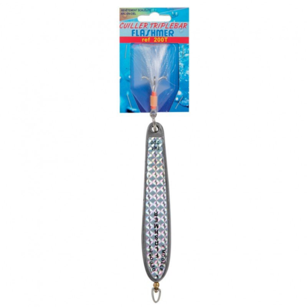 Packaged Flashmer triple-bar fishing lure with holographic silver spoon