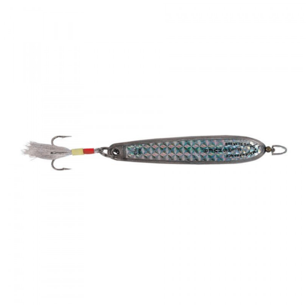 Iridescent metal fishing spoon lure with treble hook