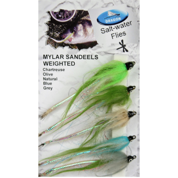Dragon saltwater flies, colourful weighted mylar sandeels.