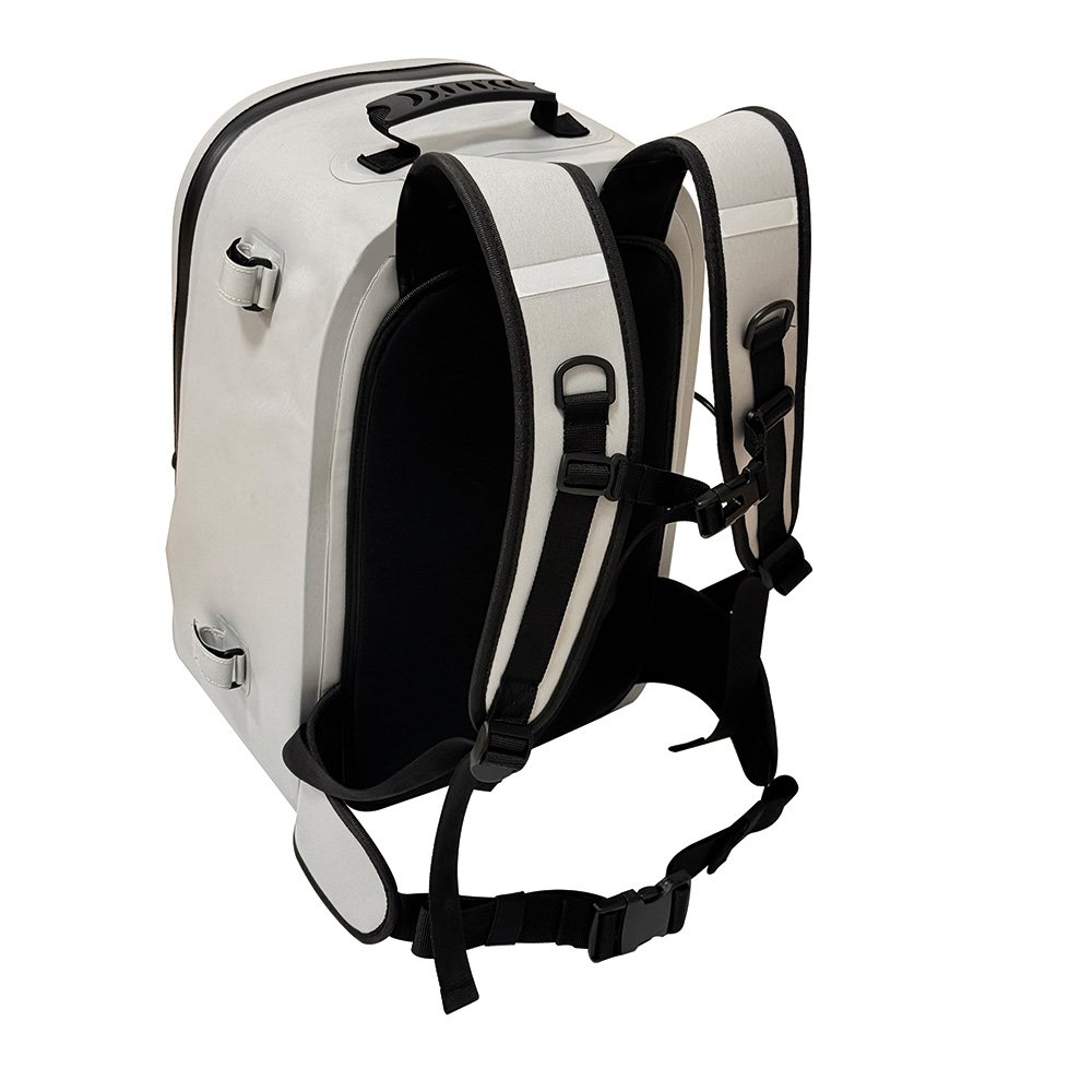 White backpack with black straps, back view.