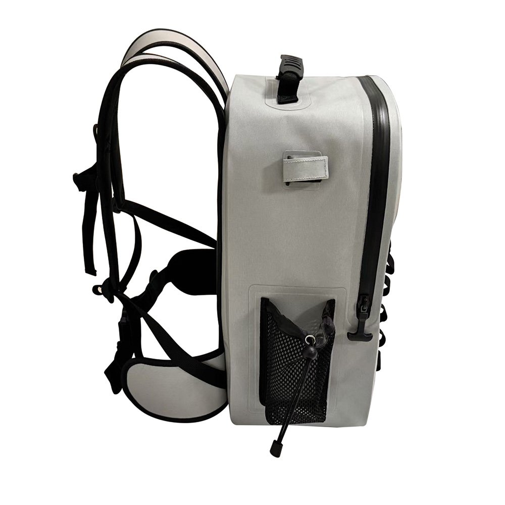 Grey backpack with side mesh pocket