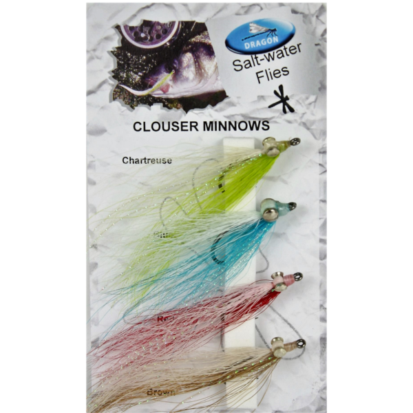 Dragon Clouser Minnows salt-water flies, chartreuse to brown.