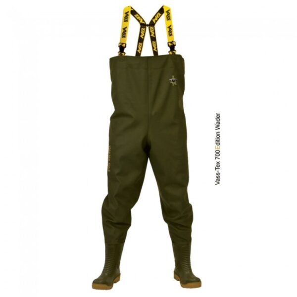 Green waterproof waders with yellow suspenders.