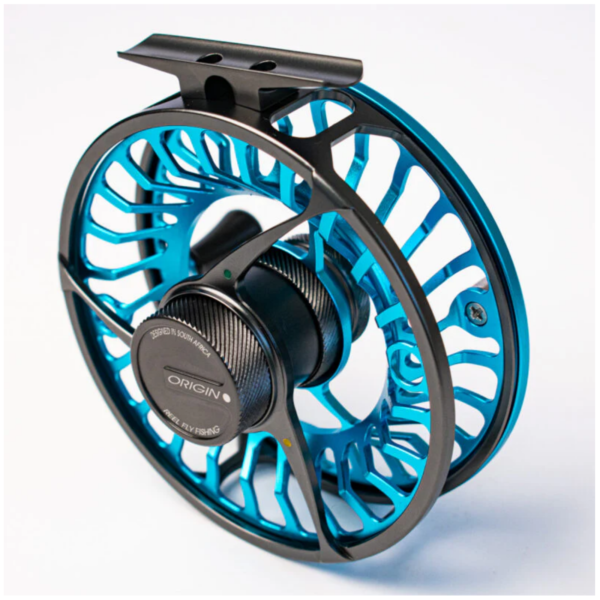 Blue fishing reel with intricate design