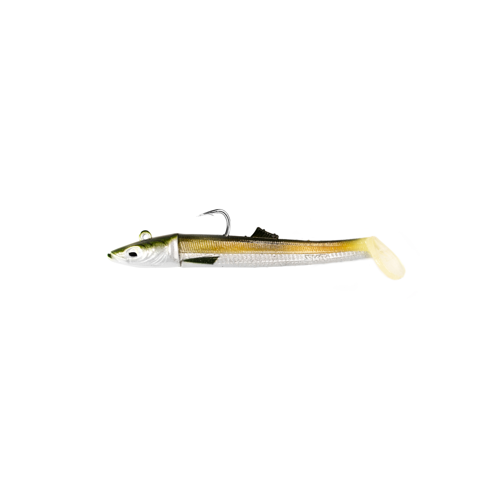 Realistic fish hook lure on white background.