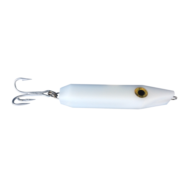 White fishing lure with treble hook and eye detail.