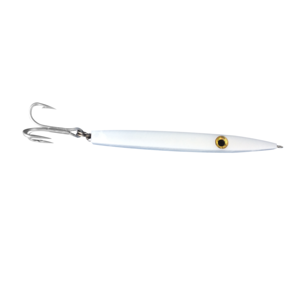 White fishing lure with metal hooks