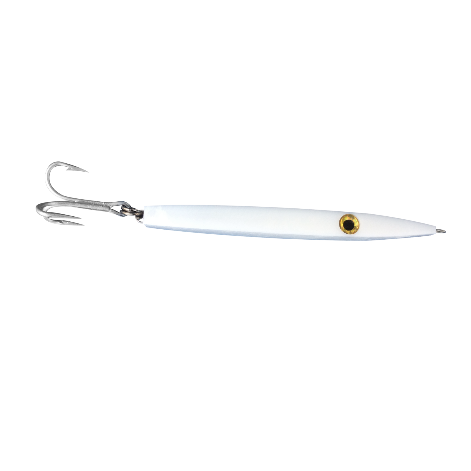 White fishing lure with metal hooks