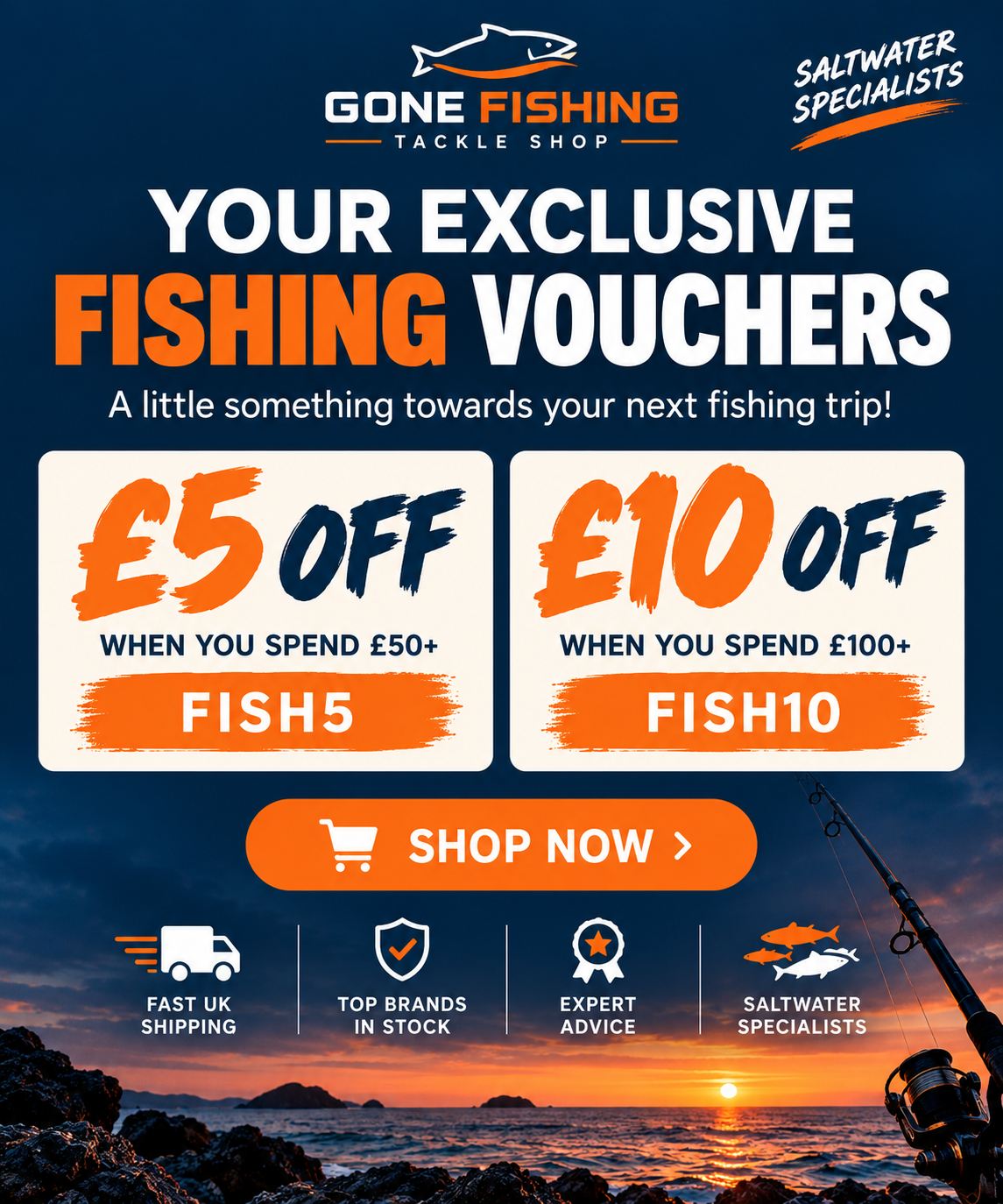 Gone Fishing voucher offer for saltwater fishing equipment