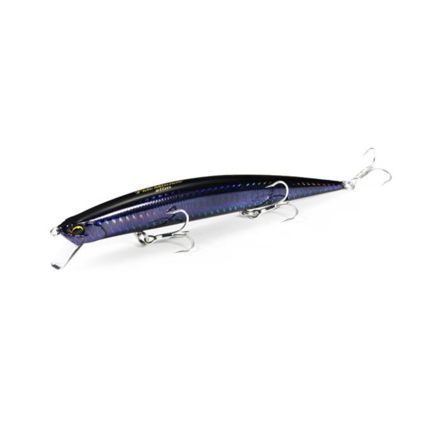 Black fishing lure with hooks on white background.