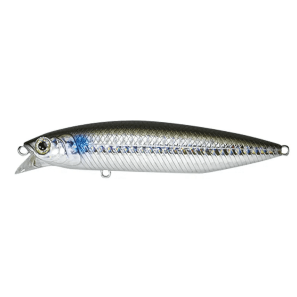Silver fish-shaped fishing lure with hooks.