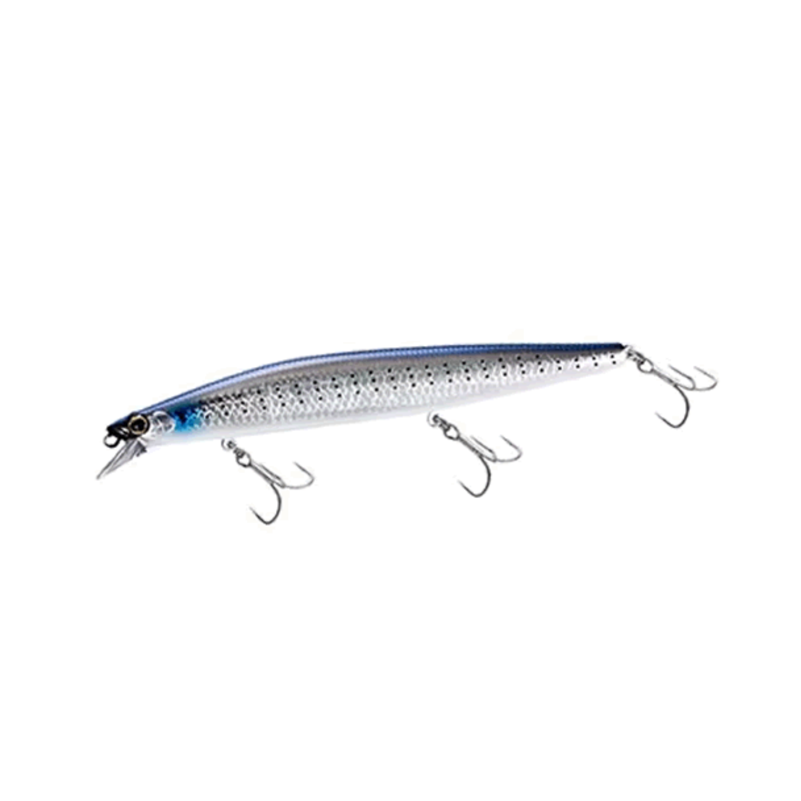 Blue-silver fishing lure with three hooks.
