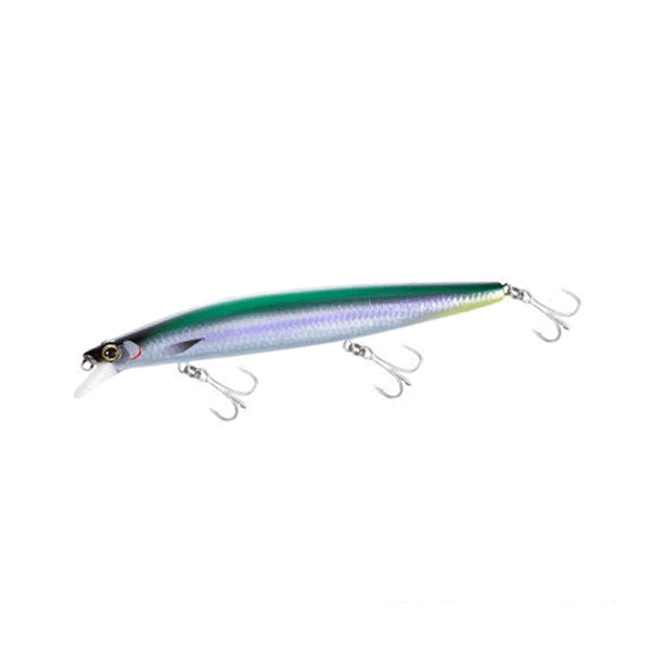 Colourful fishing lure with three hooks.