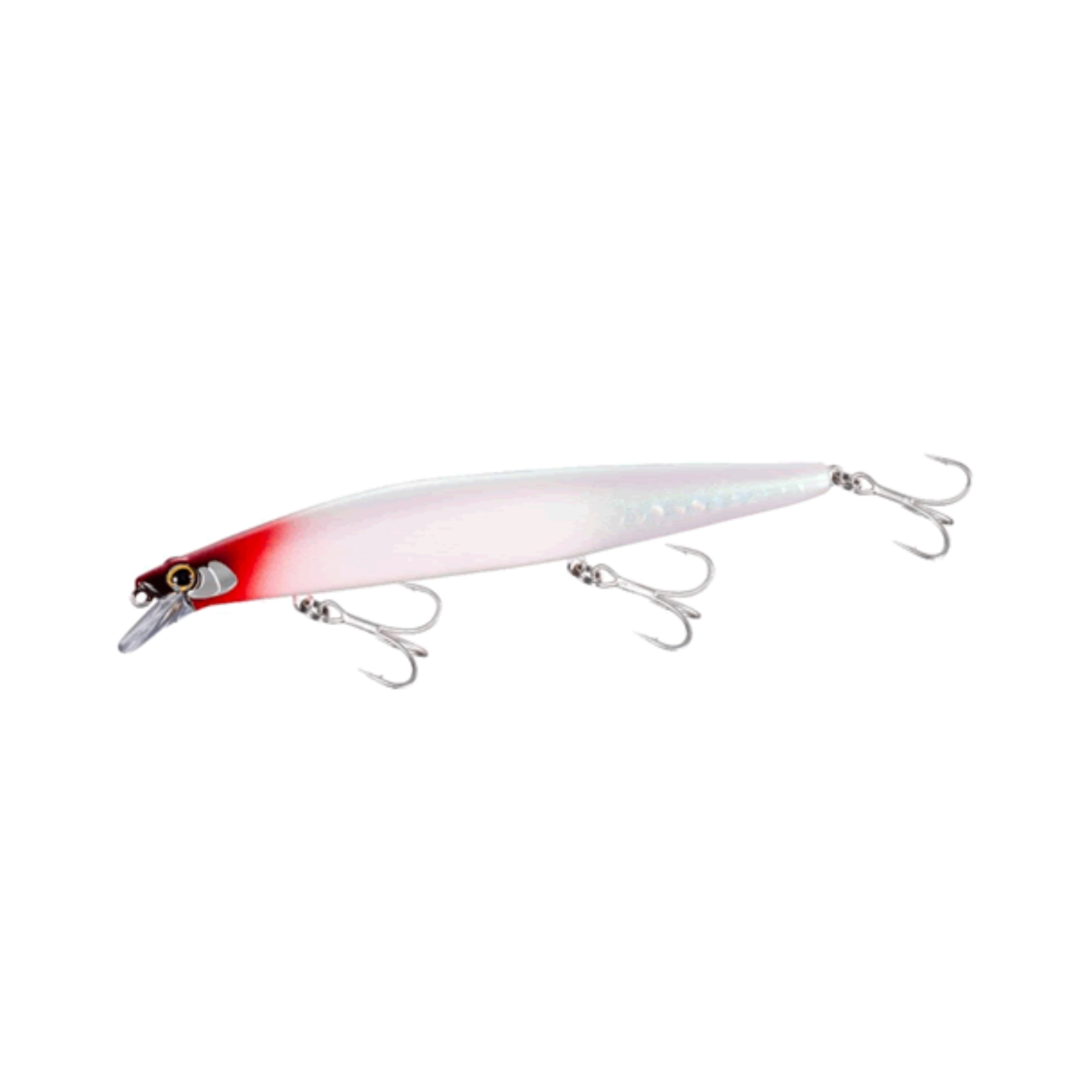 Fishing lure with red head and three treble hooks.