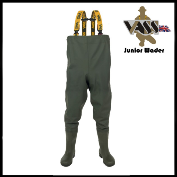 Green waterproof junior wader with suspenders